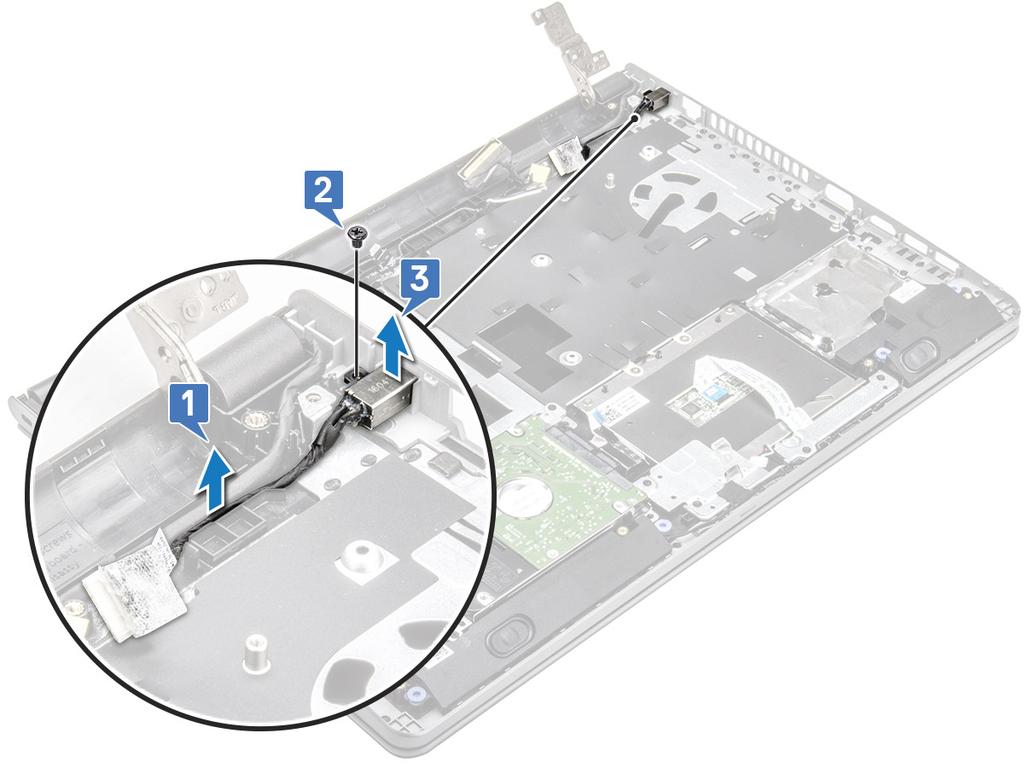 Virtaliittimen asentaminen 1 Aseta virtaliitin paikoilleen tietokoneeseen. 2 Kiinnitä virtaliitin tietokoneeseen yhdellä (M2x3) ruuvilla. 3 Reititä virtaliittimen kaapeli loveen.