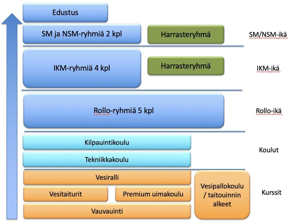 ikäryhmän valmennukseen. Tasoja on viisi: 1. Edustus (SM- ja KV-taso) 2. NSM (Nuorten Suomenmestaruuskilpailut) 3. IKM (Ikäkausimestaruuskilpailut) 4.