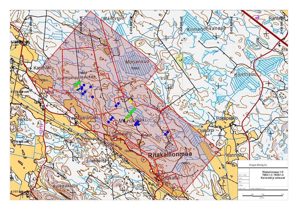 DRAGON MINING OY LOPPURAPORTTI Page 13 Kuva 5. Kairareiät Ritakallion valtausalueella. GTK:n kairaamat kairareiät on merkitty vihreällä pisteellä ja :n kairaamat kairareiät sinisellä pisteellä.