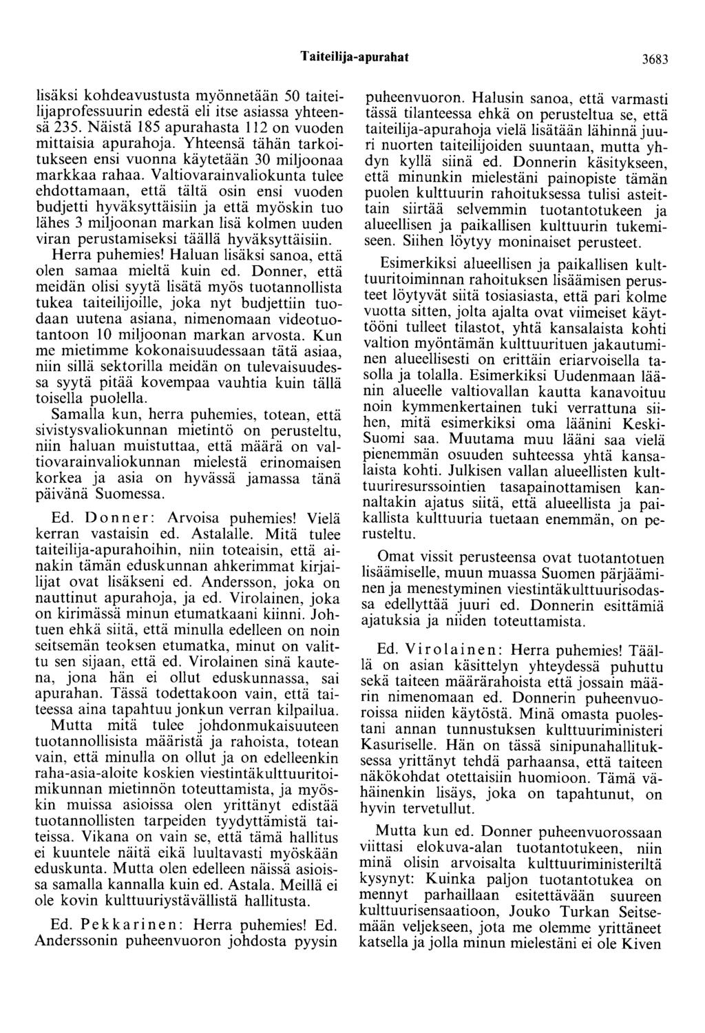 Taiteilija-apurahat 3683 lisäksi kohdeavustusta myönnetään 50 taiteilijaprofessuurin edestä eli itse asiassa yhteensä 235. Näistä 185 apurahasta 112 on vuoden mittaisia apurahoja.