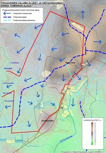 Kuva 7. Vasemmalla: Pohjaveden virtaussuunnat ja valuma-alueet kaivosalueen ympäristössä ennen kaivostoiminnan alkua.