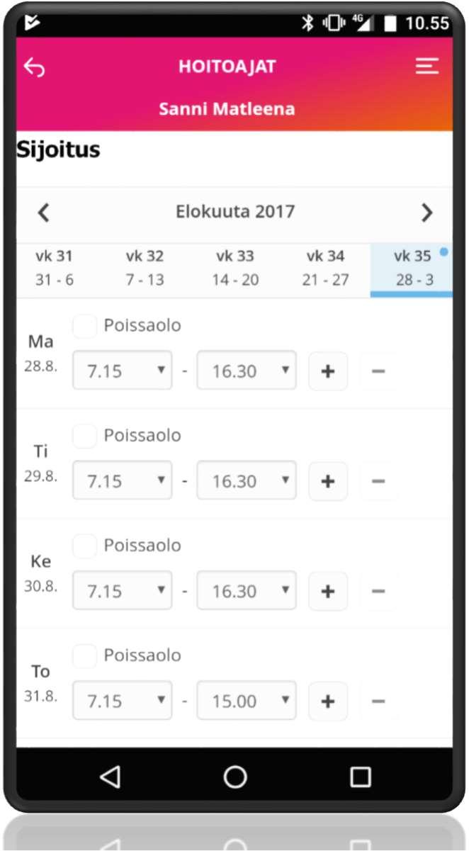 1. Hoitoaikojen ilmoittaminen Hoitoajat avautuvat aina ensimmäiselle tyhjälle viikolle, jolle hoitoaikoja ei ole vielä varattu. Voit tehdä varauksen enintään 6 kk eteenpäin.