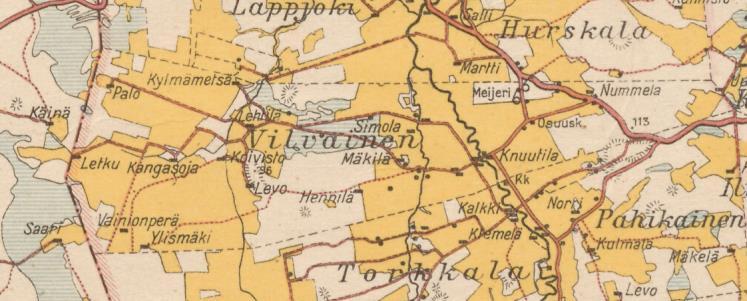 Asutuksen luonne muuttuu Taloudellinen kartta1927 - torpista tuli itsenäisiä maatiloja ja ne kirjattiin karttaan tarkemmin omilla nimillään - meijeri on rakennettu (1927), ja se kuvastaa maatalouden
