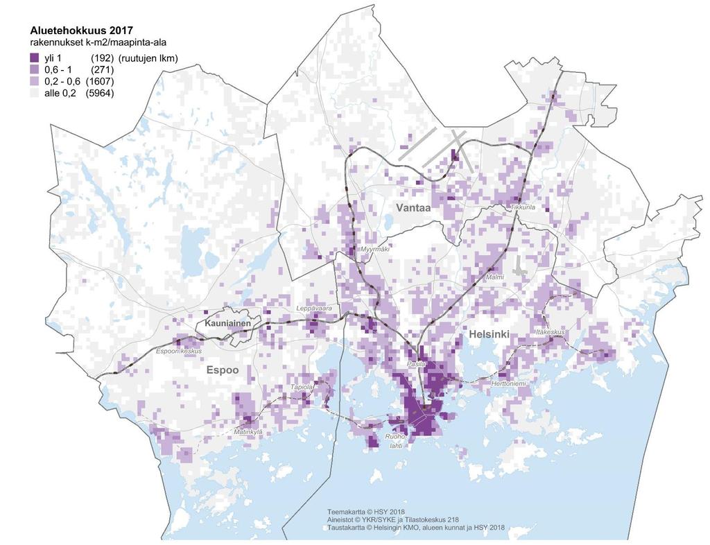 Aluetehokkuusluku ilmaisee rakennusten pinta-alan (k-m²) suhteessa