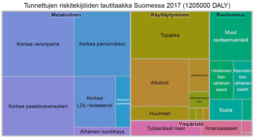 Tunnettujen riskitekijöiden tautitaakka Suomessa 2017 (1 205 000 DALY)