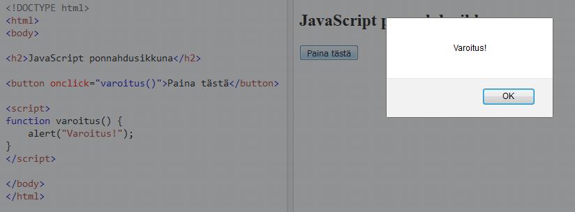 5 2.3 JavaScript ja interaktiivisuus HTML-dokumenttiin voi myös liittää JavaScript-koodia, jolla tehdään interaktiivisia toimintoja verkkosivuille.