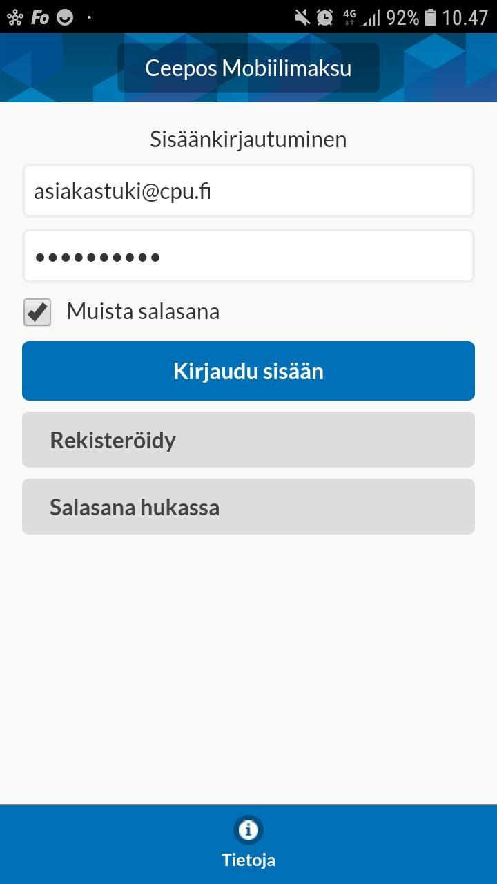 8 2.2.2. Sisäänkirjautuminen Edellä mainittujen toimenpiteiden jälkeen voit kirjautua Ceepos Mobiilimaksu sovellukseen.