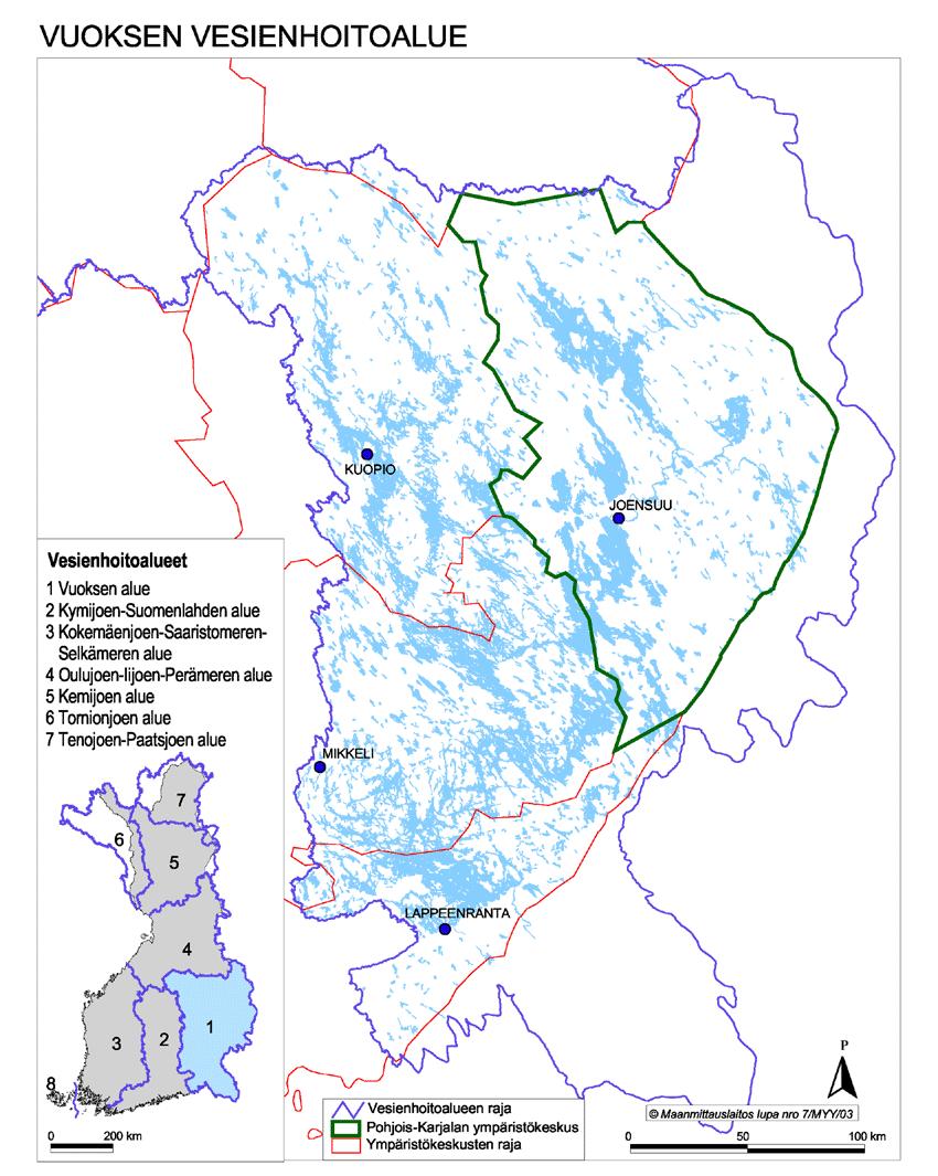 Suomessa on muodostettu 7 vesienhoitoaluetta, jotka pohjautuvat vesistöaluejakoon (Laki vesienhoidon järjestämisestä) Vuoksen vesienhoitoalue (VHA1)