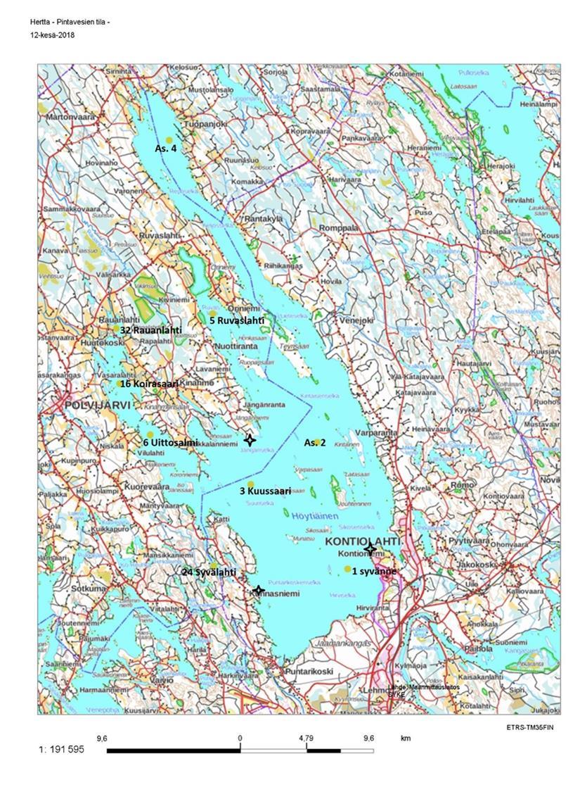 Vuosi 2018 Kolmen vuoden rotaatio Vuonna 2018 Höytiäinen oli seurannassa: Vesinäytteitä 4 x 7 asemaa + Syvälahti, Rauanlahti, kanava Kasviplanktonnäytteitä: 4