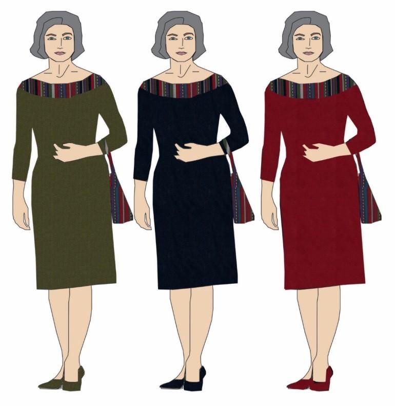 7.1 Hillevi-mekko Kuva 8. Hillevi-mekon tasokuvat ja tunnelmakuvat. Hillevi-mekko on malliston ainoa hihallinen mekko.