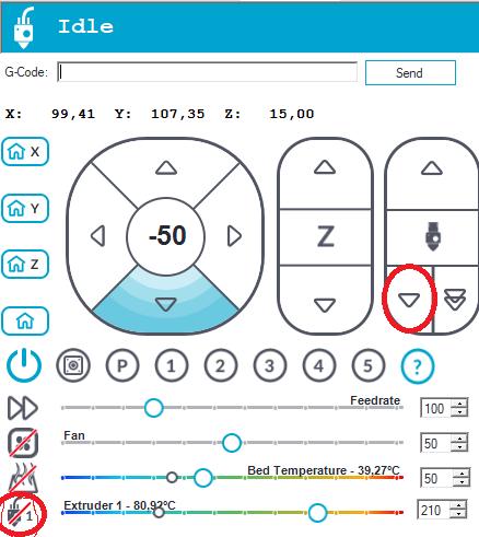 41 Kuva 2 Suuttimen lämmön saa painamalla kuvaketta Exrtuder tekstin vieressä, Suuttimen saa pursottamaan filamenttia painamalla nuoli näppäimiä alas. 3.