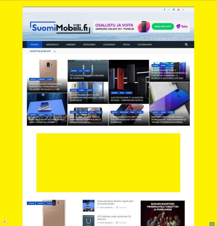 SuomiMobiili Display XL + tausta SuomiMobiili Display XL on etusivulla suurin tarjolla oleva kuvallinen mainospaikka. Mainospaikan koko on 980 x 400 pikseliä.