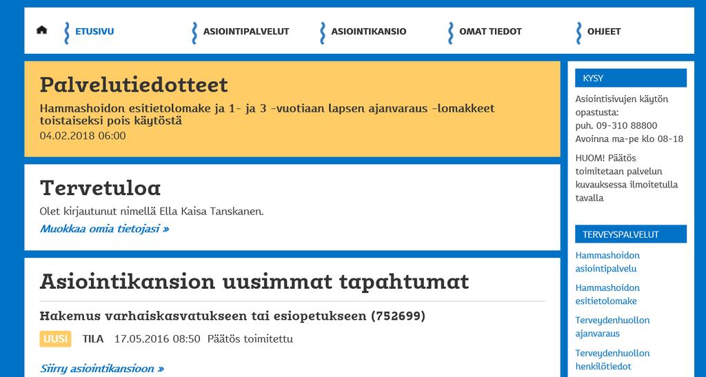 Sähköisen asioinnin etusivu