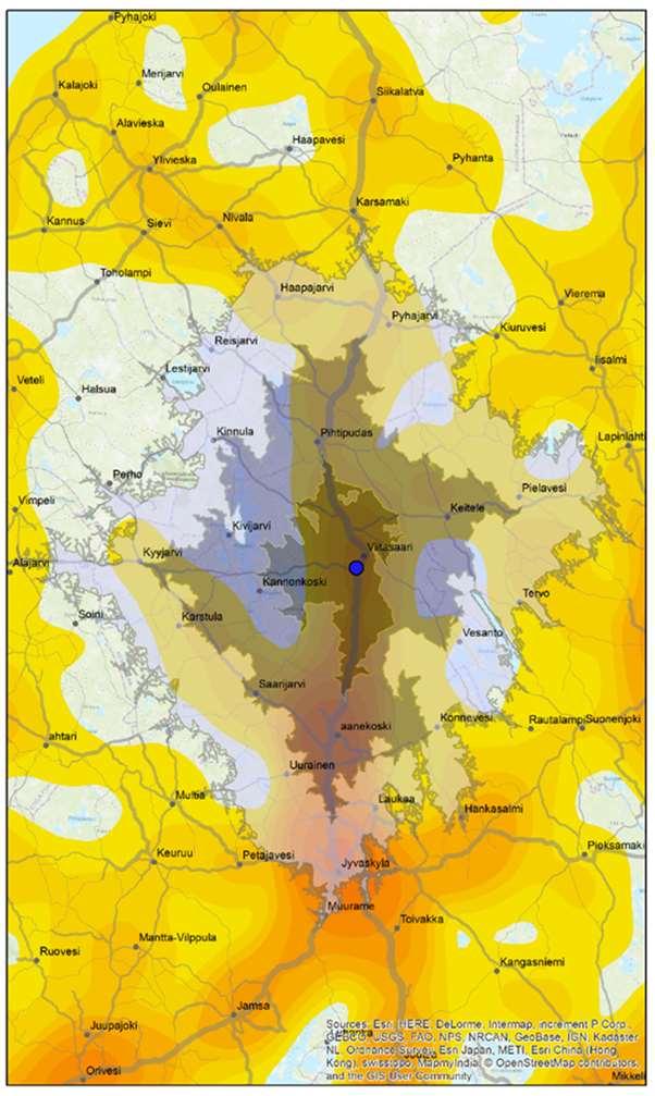 Heijastevaikutus pohjoisessa Pyhäjärven tasalle, etelässä Jyväskylään, idässä lähes Lapinlahdelle