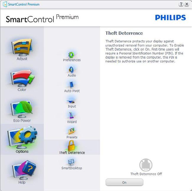 Options (Vaihtoehdot) > Theft Deterrence Pane (Oikeudettoman käytön ehkäisy) - Theft Deterrence Pane (Oikeudettoman käytön ehkäisy -ruutu) on aktivoitu ainoastaan, jos Theft Deterrence Mode