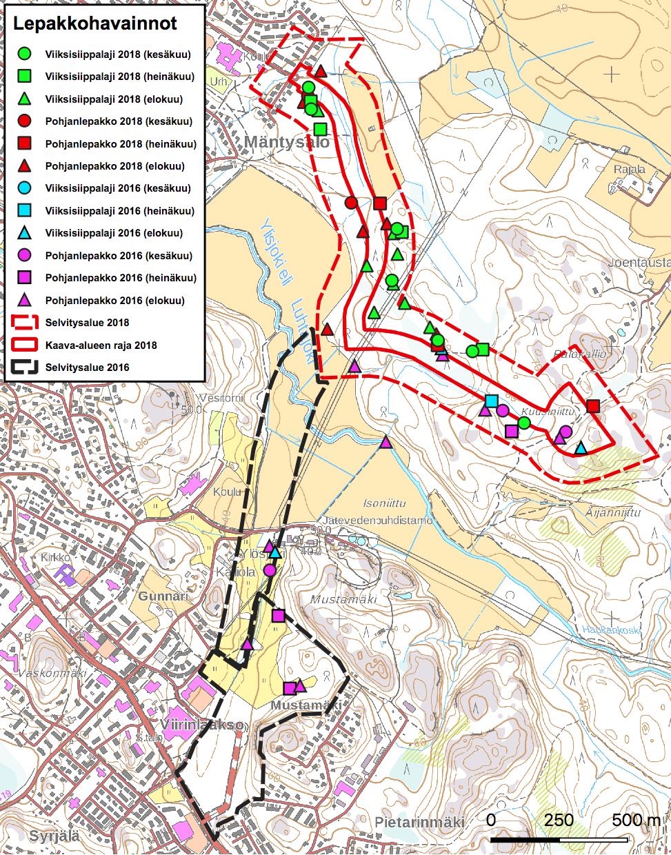 Kartta 4. Aktiiviseurannan lepakkohavaintopisteet vuosina 2016 ja 2018.