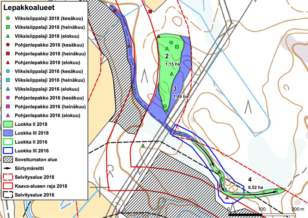 Kartta 7. Selvitysalueella rajatut lepakkoalueet 2-4. Vertailun vuoksi karttaan on lisätty myös vuoden 2016 aluerajaus, joka muutettiin vuonna 2018.