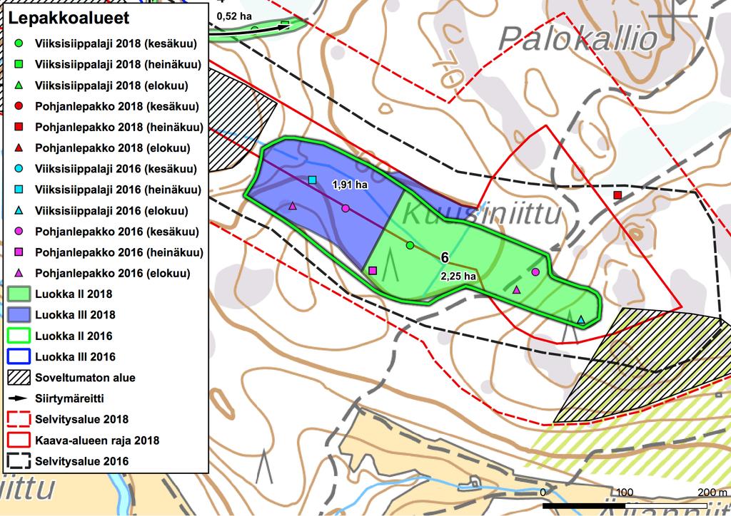 Kartta 8. Selvitysalueella rajatut lepakkoalueet 5 ja 6. Vertailun vuoksi karttaan on lisätty myös vuoden 2016 aluerajaus, joka muutettiin vuonna 2018. 6.3.