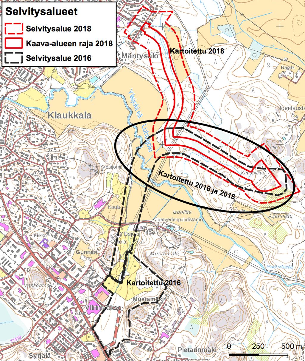 Kartta 1. Luhtajoentie-Havumäentien asemakaavan selvitysalue 2018 (punainen katkoviiva), sekä vuonna 2016 kartoitetut Viirinlaakson ja Luhtajoen alueet (musta katkoviiva).