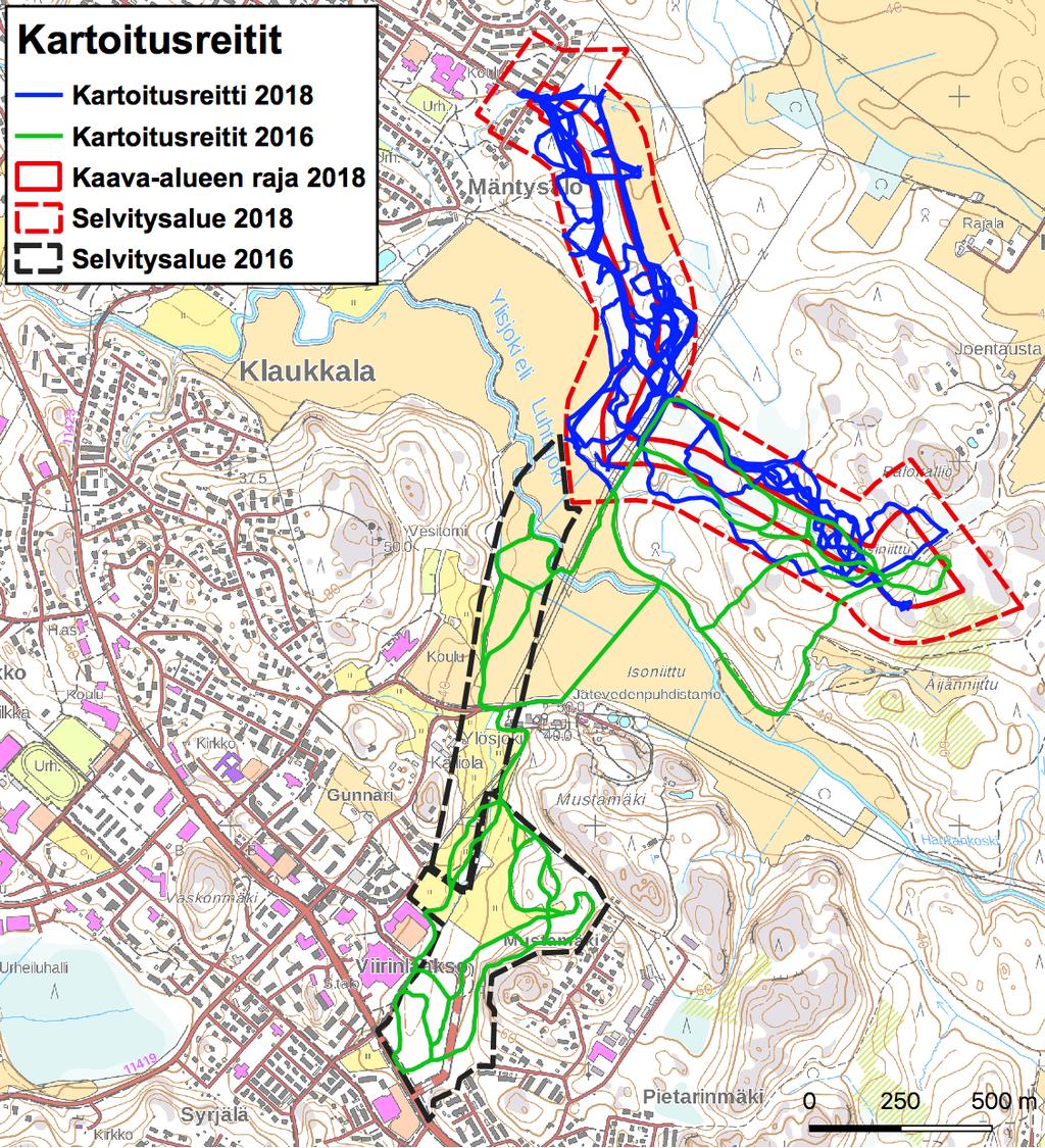 Kartta 2. Selvitysalueella kuljetut kartoitusreitit 2016 ja 2018.