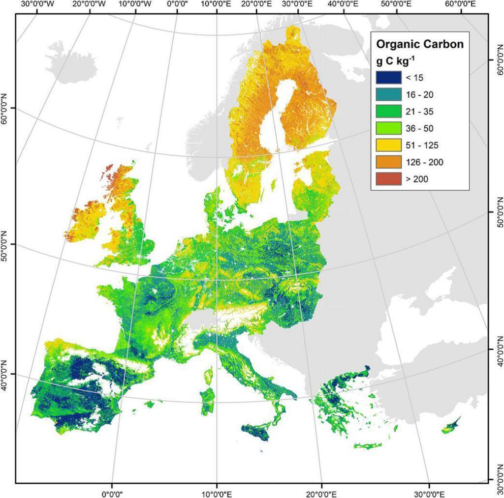 Orgaanisen hiilen pitoisuus (g OC kg -1 ) pintamaassa https://ec.europa.