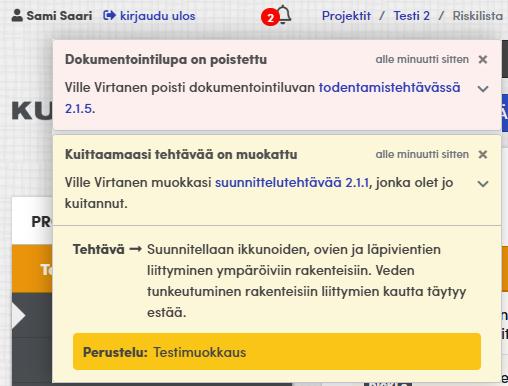 2.12 Projektin ilmoitusvirta Järjestelmässä on käyttäjä ja projektikohtainen ilmoitusvirta, joka ilmoittaa käyttäjän kannalta olennaisista projektin tapahtumista.