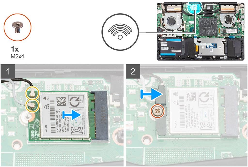 1. Kohdista WLAN-kortin lovi WLAN-korttipaikan kielekkeeseen ja työnnä WLAN-kortti viistosti paikoilleen. 2. Kytke antennikaapelit WLAN-korttiin. 3.