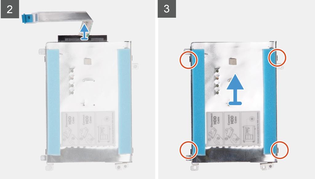 1. Avaa salpa ja irrota kiintolevyn kaapeli emolevystä. 2. Irrota kolme ruuvia (M2x4), joilla kiintolevyn kiinnike on kiinnitetty kämmentuki- ja näppäimistökokoonpanoon. 3.