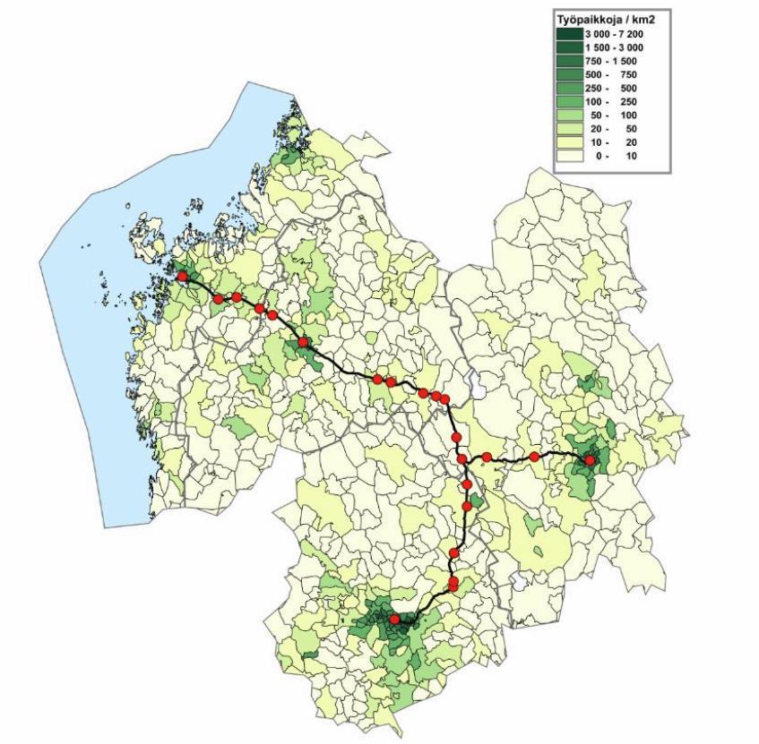 13 (20) Työpaikkojen sijoittuminen postinumeroalueille suhteessa rataverkkoon ja asemiin.