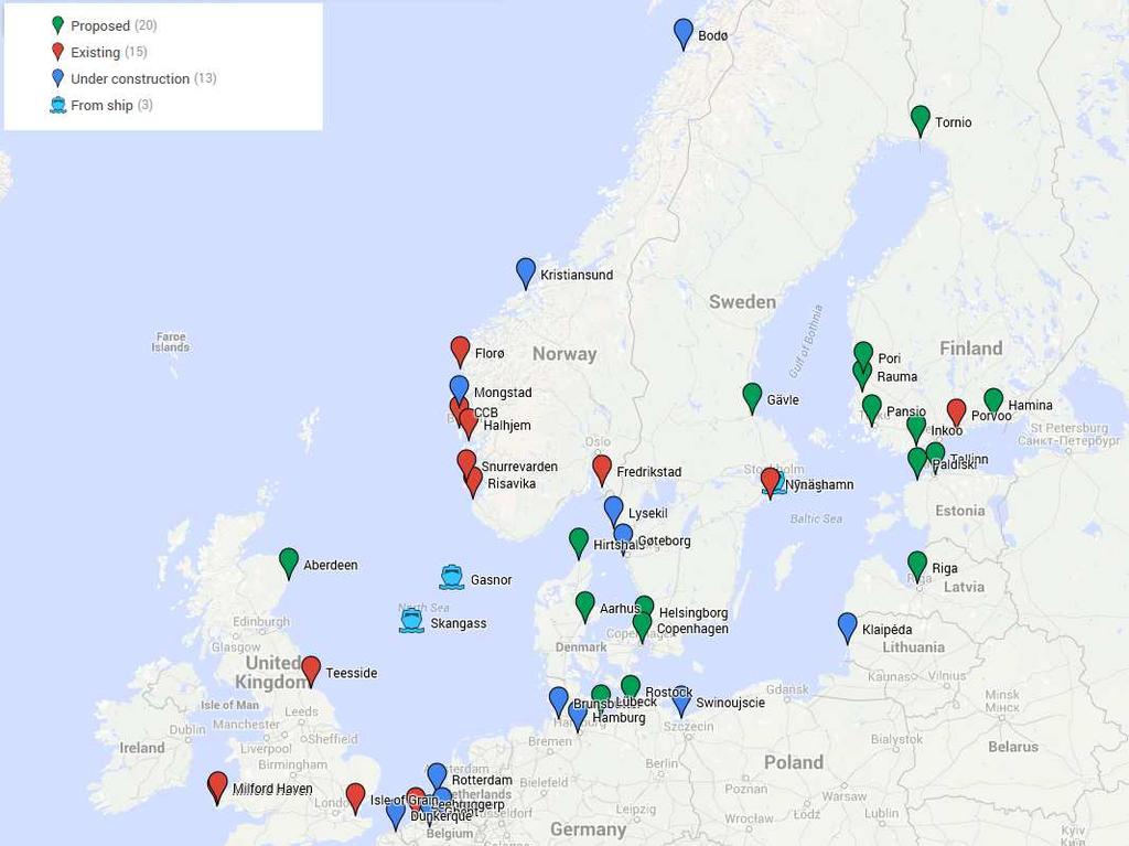 12 Katila, J. & Repka, S. Kuva 3. LNG bunkrausverkosto Pohjois-Euroopassa (ESN, 2013)(päivitetty Suomen osalta 25.3.2015) Suomessa suunnitellaan LNG-terminaalia Haminaan, Inkooseen tai Porvooseen, Poriin, Raumalle ja Tornioon.