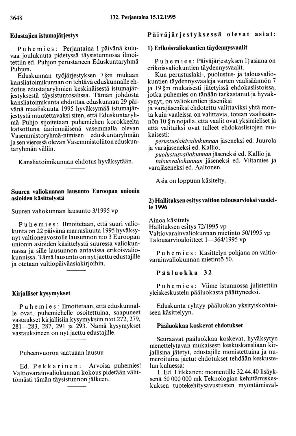 3648 132. Perjantaina 15.12.1995 Edustajien istumajärjestys Puhemies: Perjantaina 1 päivänä kuluvaa joulukuuta pidetyssä täysistunnossa ilmoitettiin ed. Puhjon perustaneen Eduskuntaryhmä Puhjon.