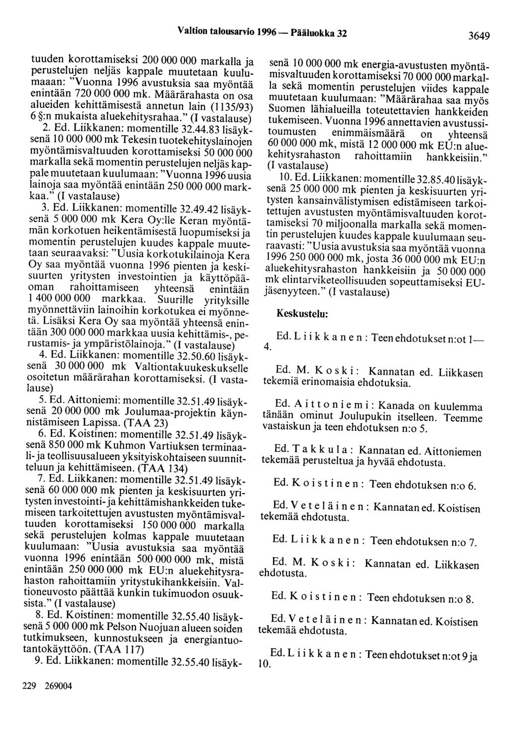 Valtion talousarvio 1996 - Pääluokka 32 3649 tuuden korottamiseksi 200 000 000 markalla ja perustelujen neljäs kappale muutetaan kuulumaaan: "Vuonna 1996 avustuksia saa myöntää enintään 720 000 000