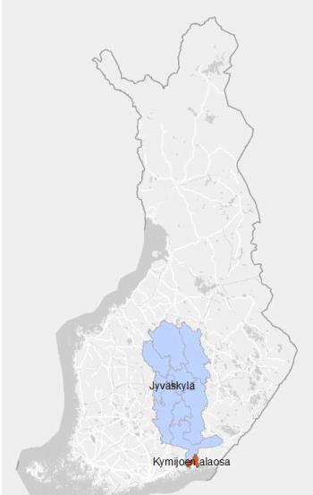Kuva 2. Kymijoen vesistöalueen ja sen merkittävien tulvariskialueiden sijainti (Lähde: Ehdotus Kymijoen vesistöalueen tulvariskien hallintasuunnitelmaksi vuosille 2016 2021).