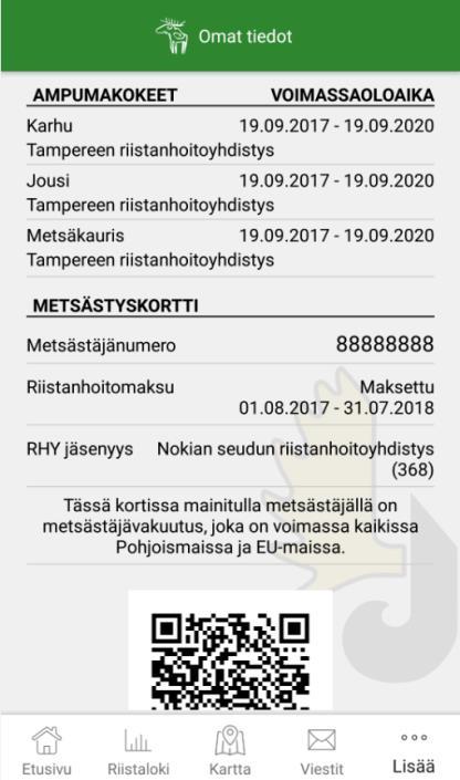 Sisältää myös sähköisen metsästyskortin ja vuodesta 2019 alkaen ampumakoetodistuksen Tuottaa metsästäjälle, seuralle ja