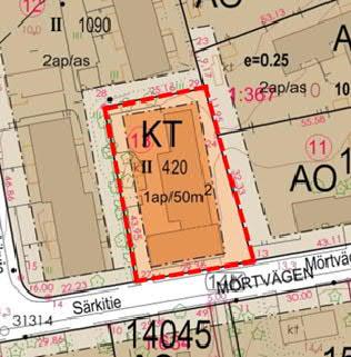 Tontti on toimistorakennusten korttelialuetta (KT). Suurin sallittu kerrosluku on II. Rakennusoikeutta on 420 k-m 2. 2.1.