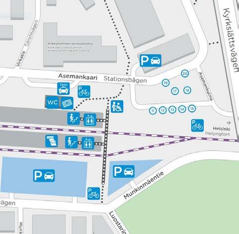 Karta över stationsområdet i Kyrkslätt Kirkkonummen aseman kartta VR-bussar och Taxiline VR-bussit ja Taxiline VR-bussarna avgår från Ingå Apoteks hållplats och de stannar inte vid busshållplatser