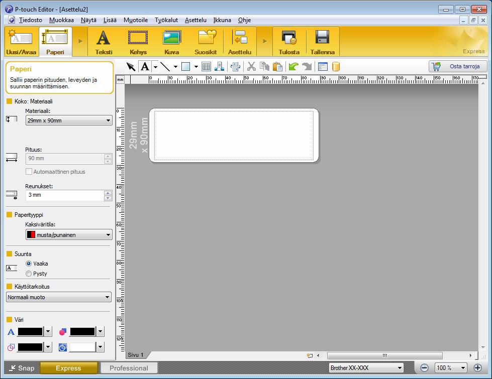 P-touch Editorin käyttäminen Tulostaminen P-touch Editorin avulla 6 Express-tila Tässä tilassa voit nopeasti luoda asetteluja, jotka sisältävät tekstiä ja kuvia.