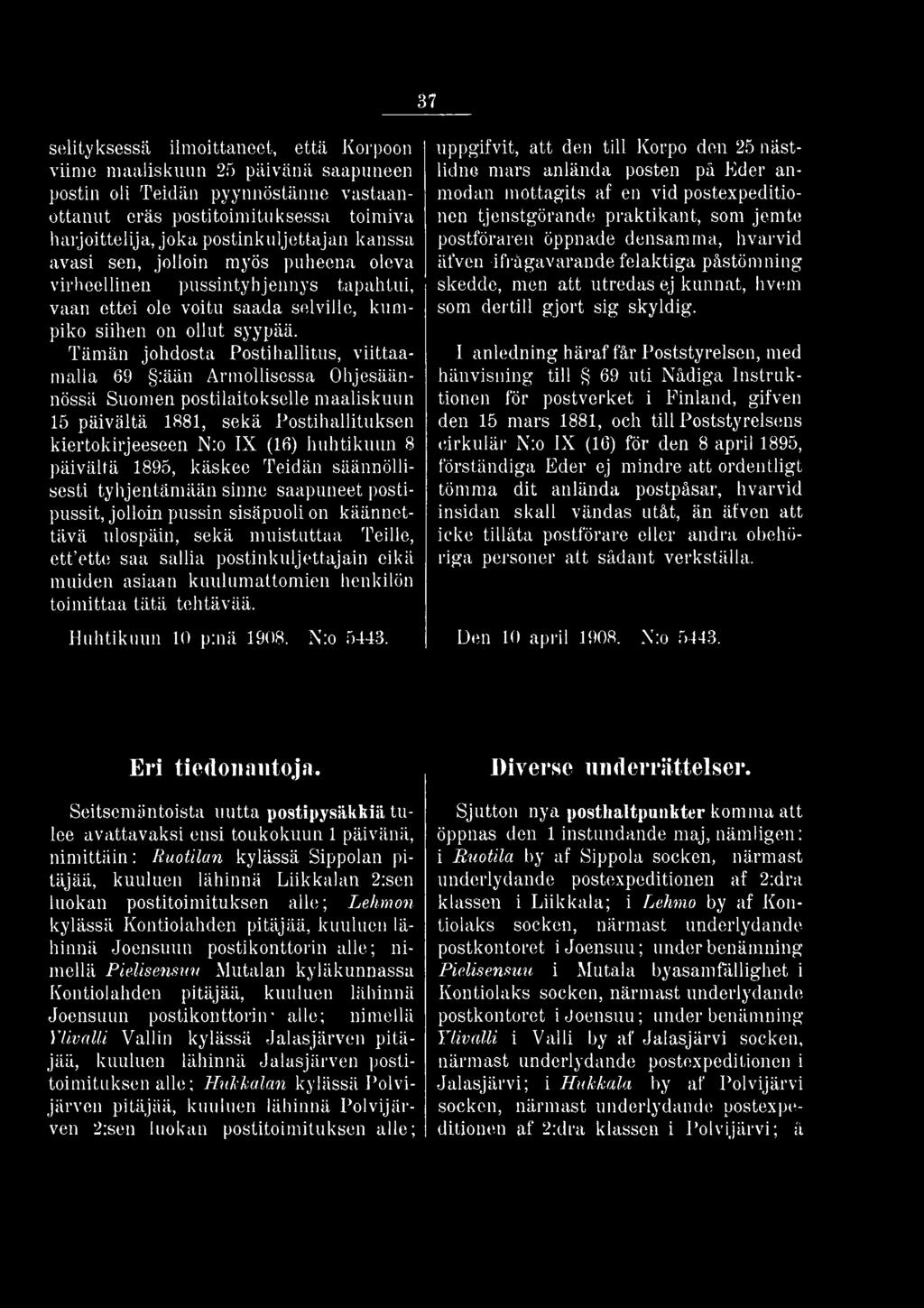 eikä muiden asiaan kuulumattomien henkilön toimittaa tätä tehtävää. Huhtikuun 10 p:nä 1908. N:o 5443.