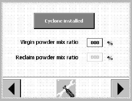 Käyttö 4 9 Konfigurointi (jatkoa) 5 6 7 Kuva 4 9 Konfigurointinäyttö 5 Asetus onko sykloni asennettu vai ei 6 Jos käytetään ei syklonia, käytä tätä kenttää asettamaan uuden jauheen sekoitussuhteen 7