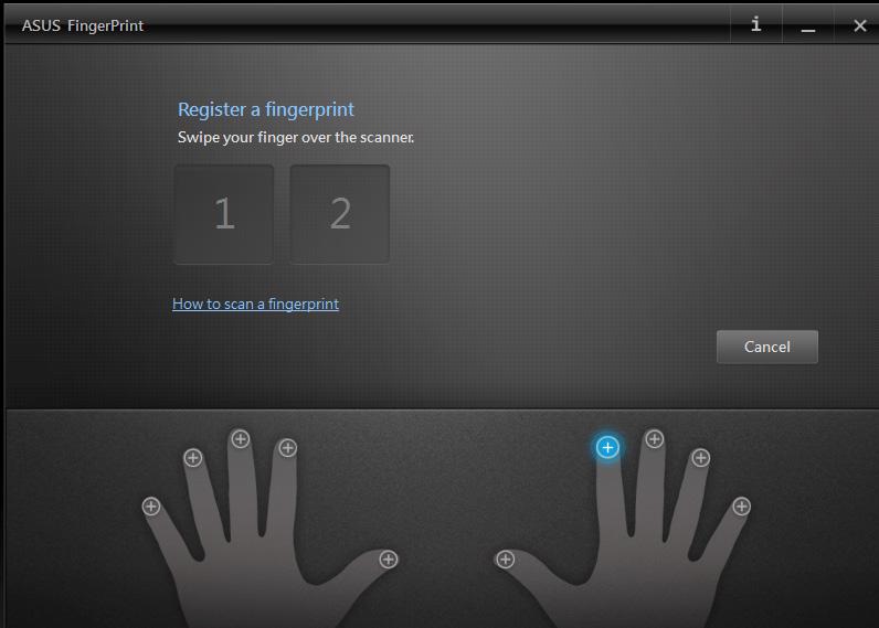 4. Napsauta sormikuvassa, joka vastaa sormea, jota haluat käyttää sormenjälkibiometriikkadatana. 5.