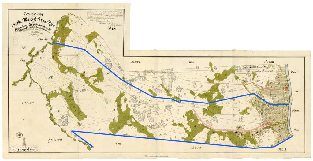 Sikilä 1790-luvulla. Kylän rajat merkitty sinisellä.