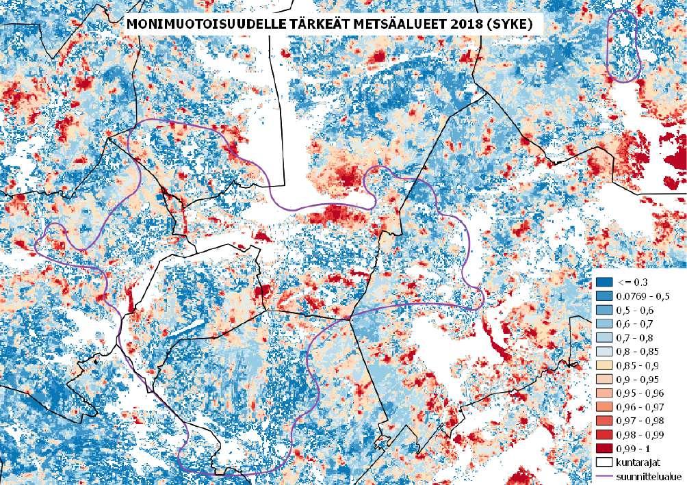 Kuva 1. Monimuotoisuudelle tärkeät metsäalueet 2018 zonation-analyysin valtakunnallisen analyysiversion 6 tulokset suunnittelualueella (violetti rajaus).