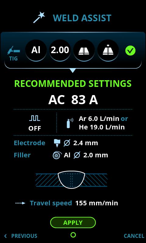 Weld Assist asettaa automaattisesti seuraavat parametrit hitsaustöitä varten: Virtalaji: AC/DC- Virta: 3...300 A tai 3.