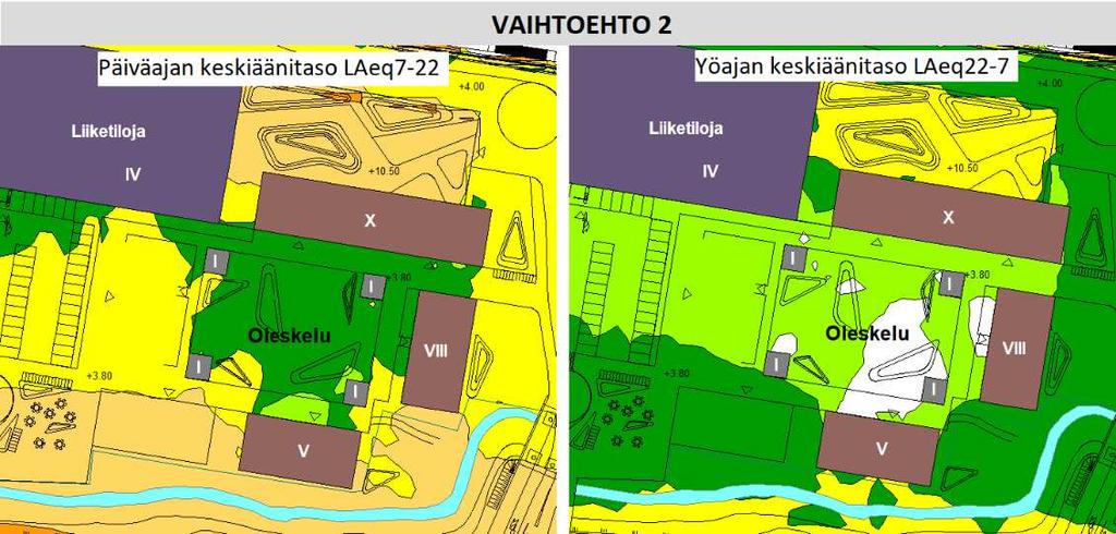 4 on esitetty uudisrakennusten julkisivuihin kohdistuva päivä- ja yöajan keskiäänitaso eri rakennusvaiheissa.