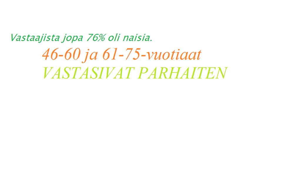 Vastaajien sukupuolijakauma Vastaajien määrä: 213 Nainen 76,1% Mies 22,5% Muu 1,4% Vastaajien