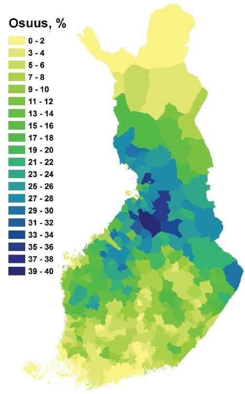 Metsäojitettujen soiden osuus kokonaismaa-alasta Suometsien aluetaloudellinen ja