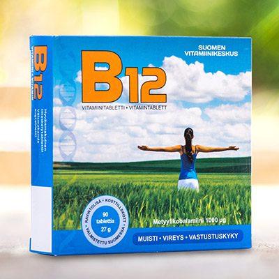 Vitamiinikeskuksen B12vitamiinvalmiste Muistille Vireydelle Vastustuskyvylle Hyvin imeytyvä B12-vitamiinivalmiste B12-vitamiini elimistölle välttämätön vitamiini, sillä se tukee kehon tärkeimpiä