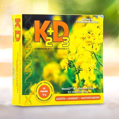 Vitamiinikeskuksen K2+D3 vitamiinivalmiste Luustolle, lihaksille ja vastustuskyvylle! K2+D3-vitamiinivalmiste on erinomainen valmiste erityisesti luuston hyvinvoinnin tukemiseen.