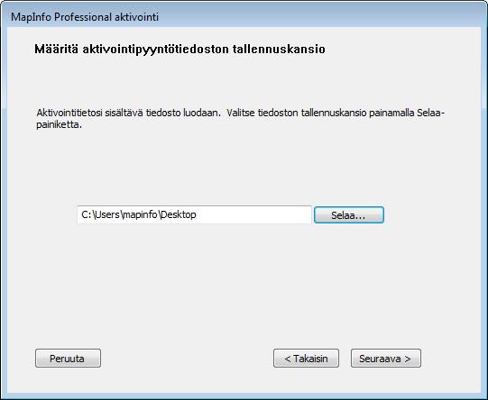 MapInfo Professional -ohjelman käyttöoikeudet ja aktivointi Aktivointipyyntö sisältää sarjanumerosi ja käyttöoikeustunnuksesi lisäksi sen tietokoneen yksilöivät tiedot, johon ohjelma aktivoidaan. 3.