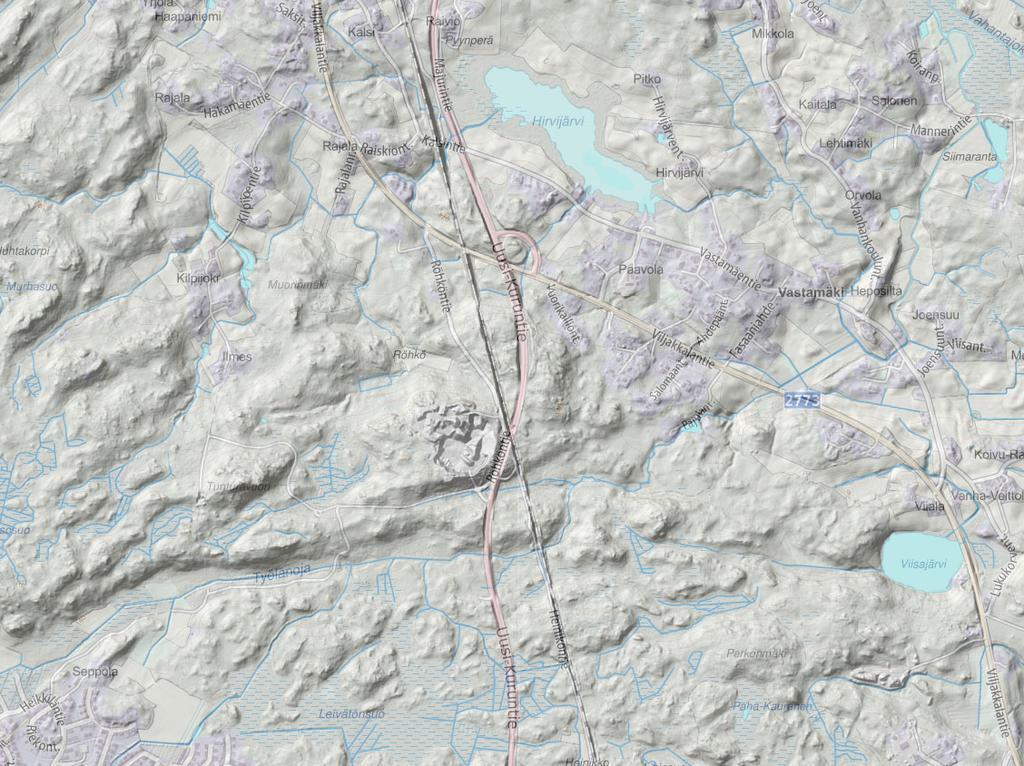 päässä selvitysalueesta sijaitsevaan Hirvijärveen. Vesireitin matka alueelta Hirvijärveen on kartalta mitattuna noin 2,3 kilometriä.